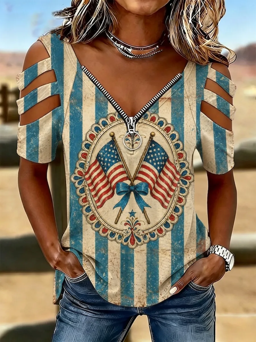 Women's Casual Hollow Patriotic T-shirt