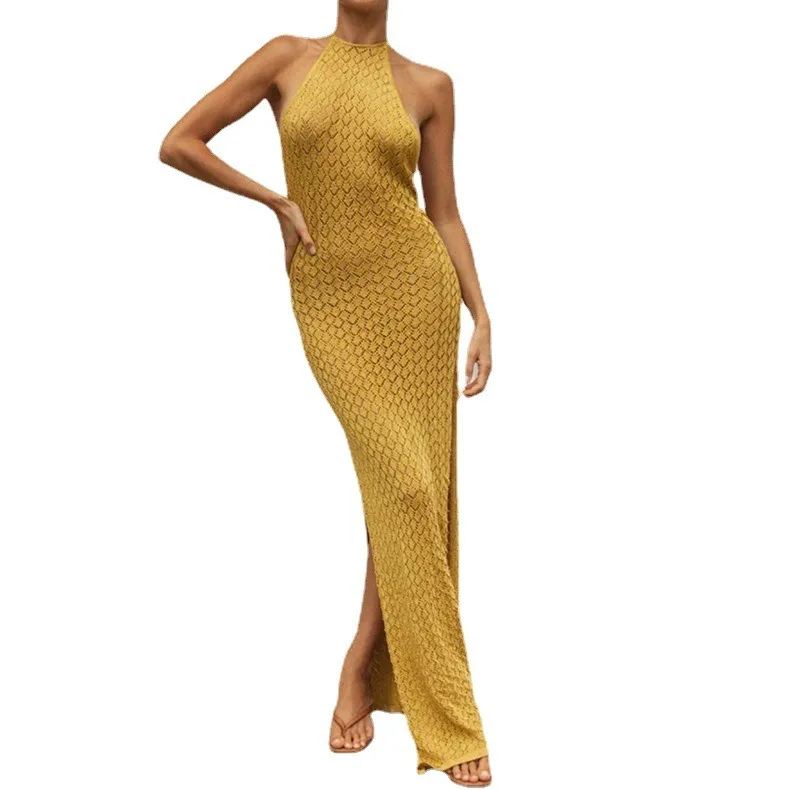 Fashion tight solid color knitted striped side slit dress for women