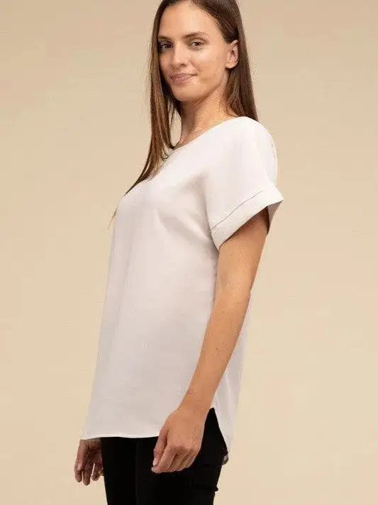 Sweet Basics Rolled Sleeve Boat Neck Top