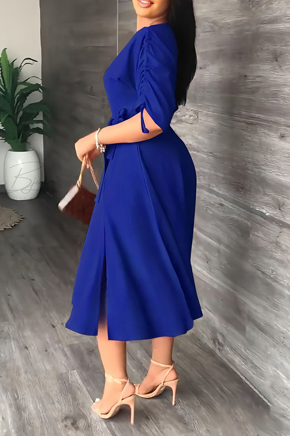 Plus Size Black Business Casual Solid Drawstring Oblique Collar Midi Dresses [New]