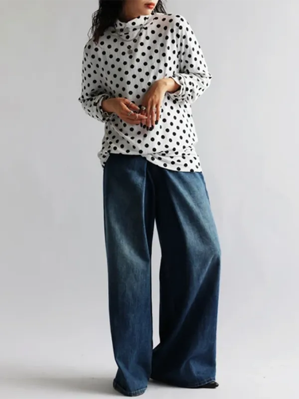 Long Sleeve Relaxed Polka Dot Draped Collar T-Shirt