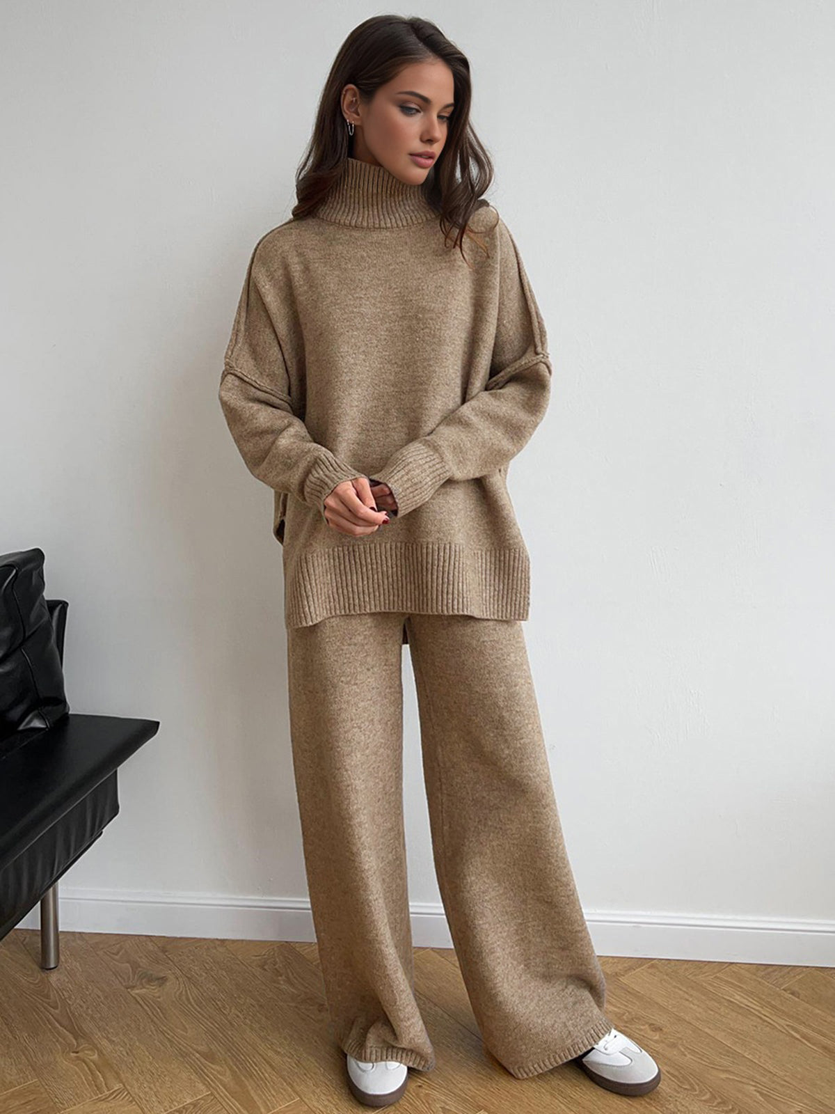 Plain Turtleneck Knit Pants Set