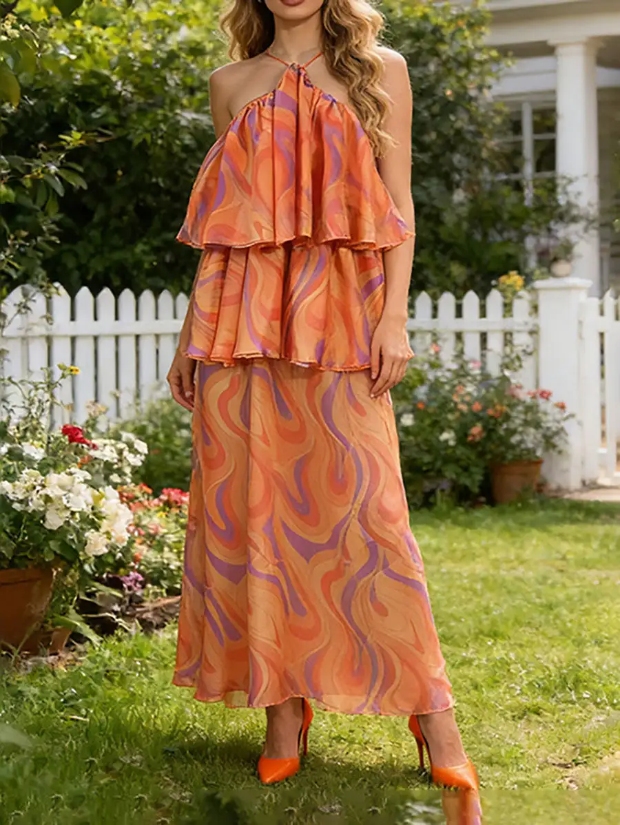 Backless Ruffled Printed Sleeveless Neck Maxi Dress