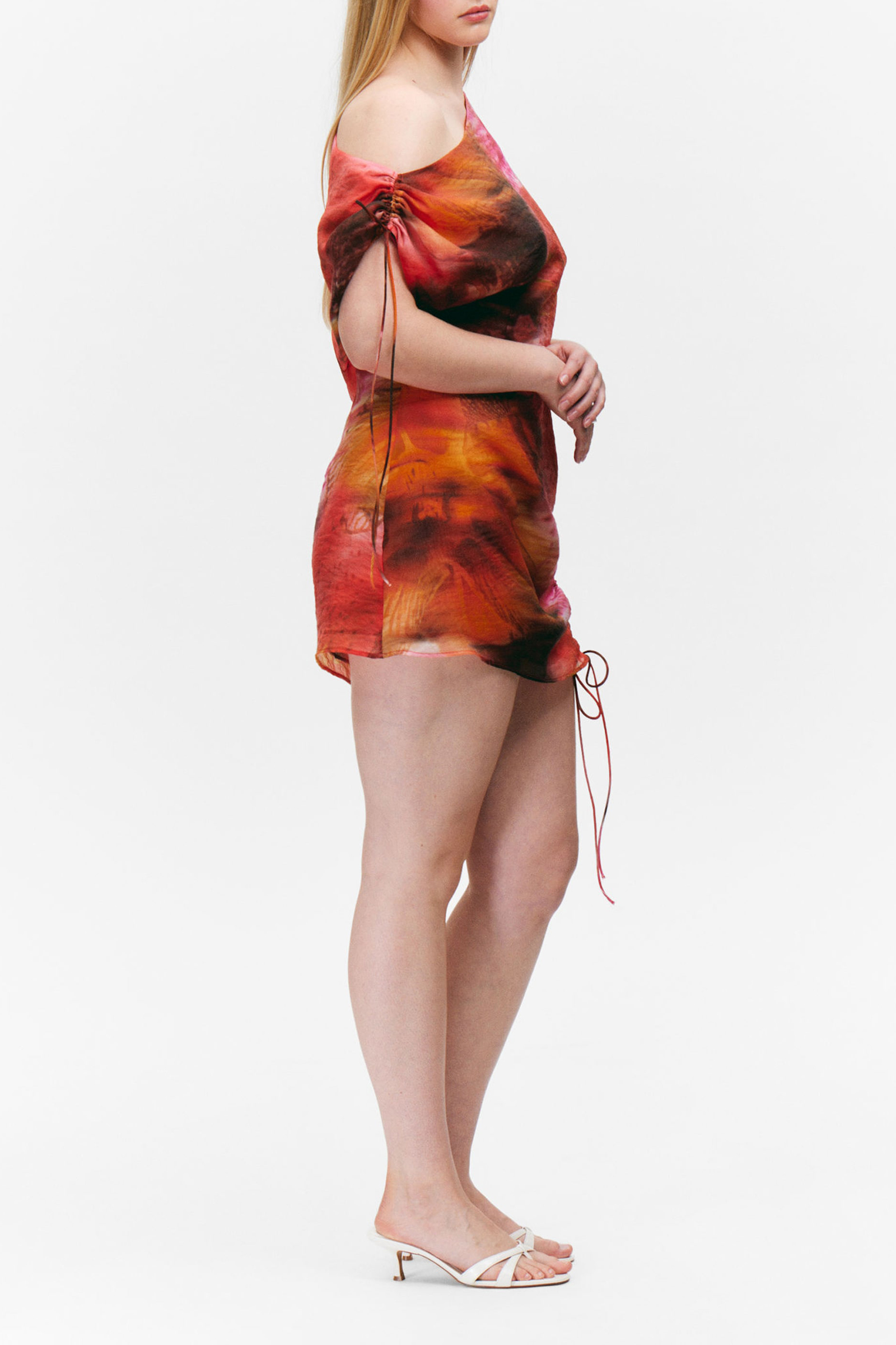 Drawstring Hem Asymmetrical Neck Dress