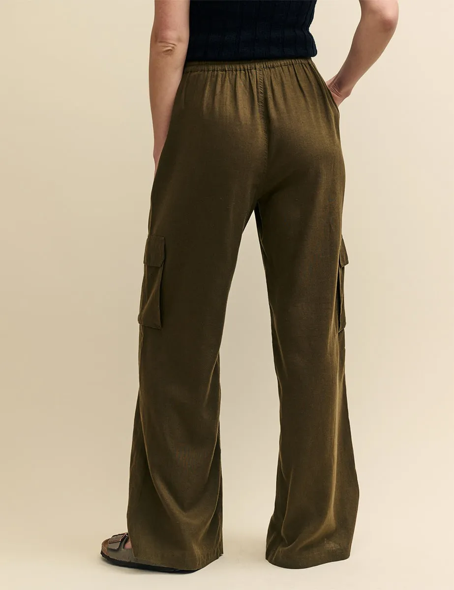 Khaki Green Linen-blend Wide Leg Utility Trousers