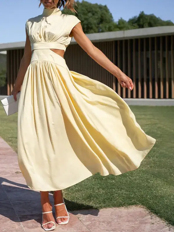 Belly Pleated Sleeve Maxi Dress