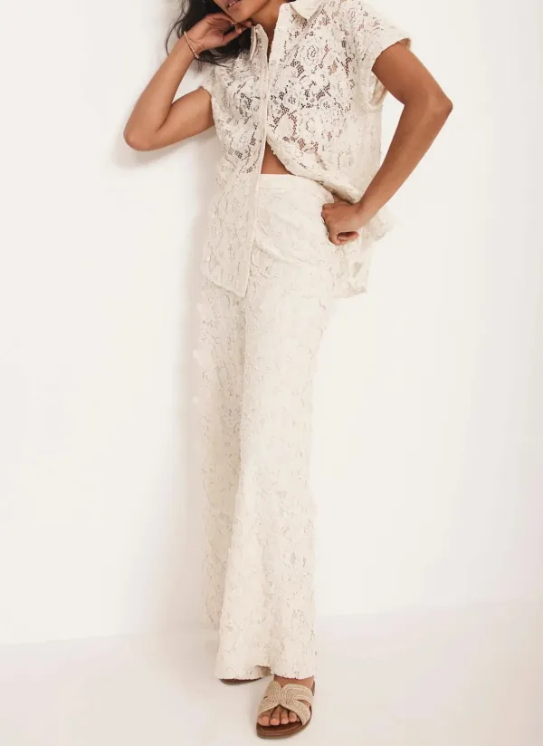 Casual Style Cream Lace Wide Trousers