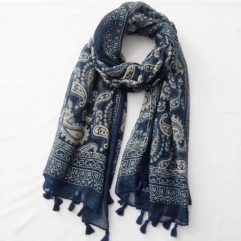 Printed Fringe Linen Blend Scarf