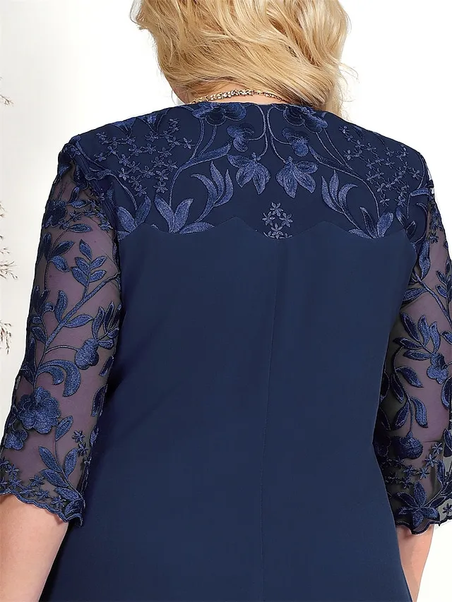 Women's Plus Size Curve Party Dress Lace Dress Cocktail Dress Midi Dress Pink Dark Blue Light Blue 3/4 Length Sleeve Floral Lace Spring Fall Winter Crew Neck Fashion Birthday Wedding Guest