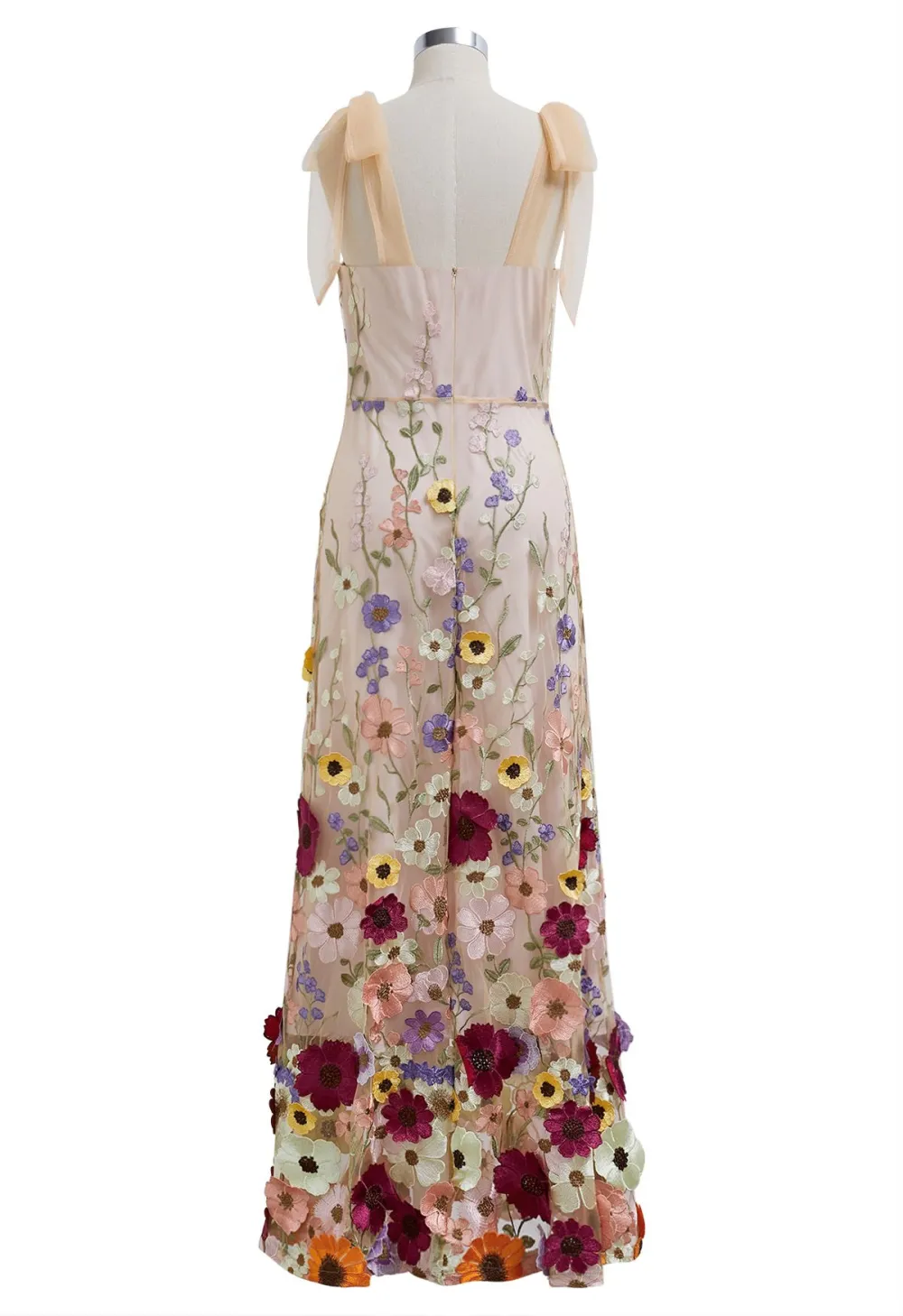 3D FLORAL APPLIQUE TIE-STRAP MESH TULLE MAXI DRESS IN APRICOT