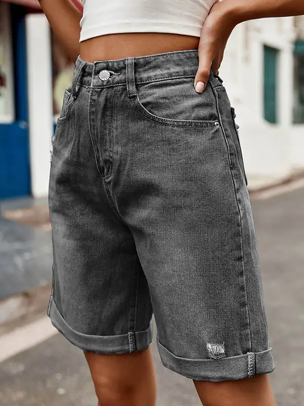 Hoog Getailleerde Losse Zakken Met Knopen Jeansbroeken Shorts