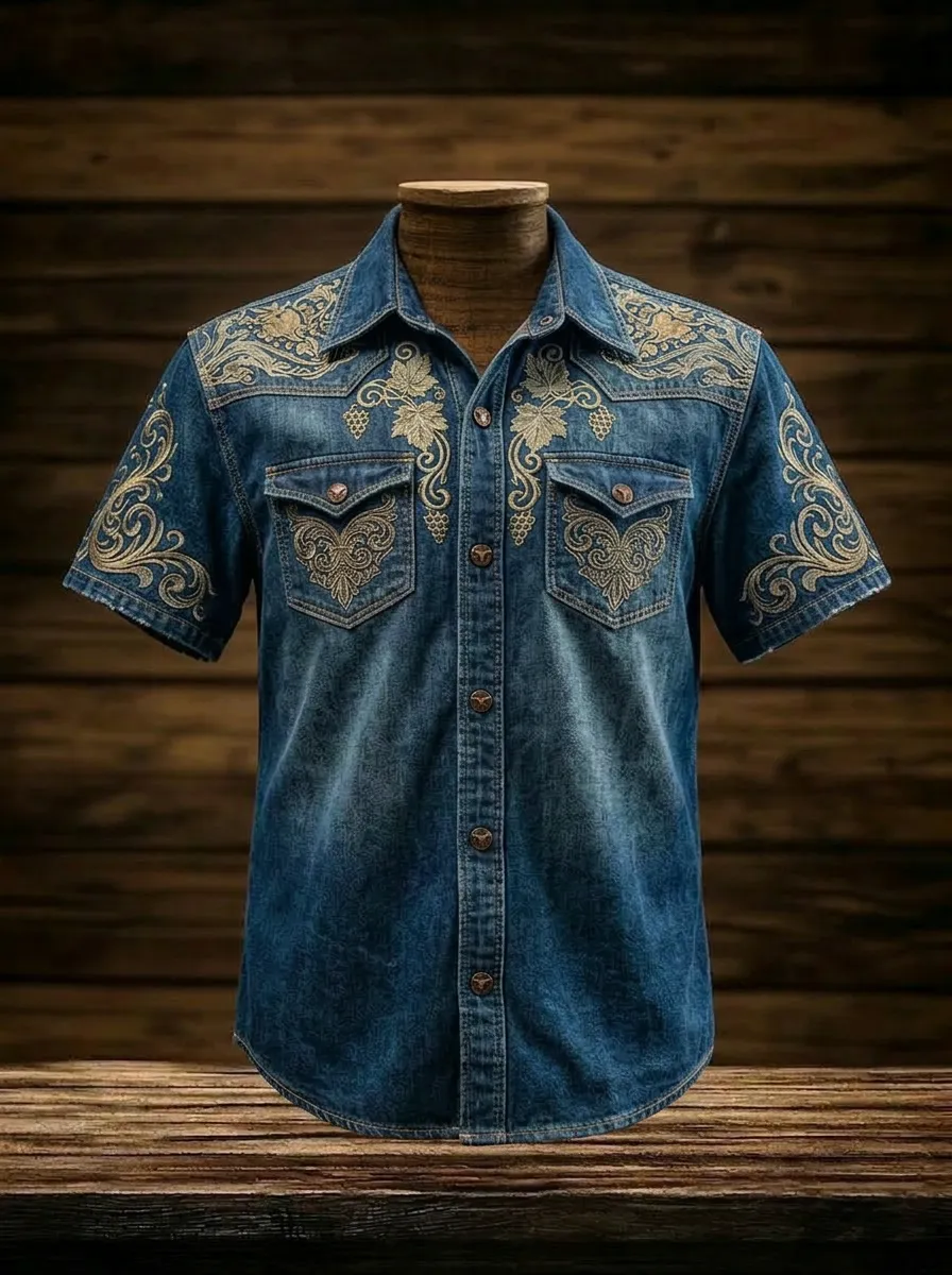 Men's Western Style Floral Embroidery Printed Denim Shirt