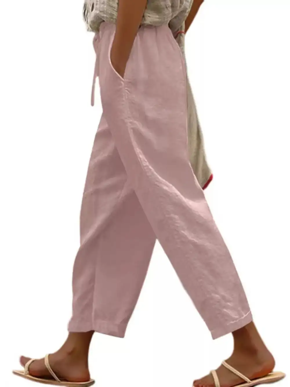 Casual Linen Drawstring Cropped Pants