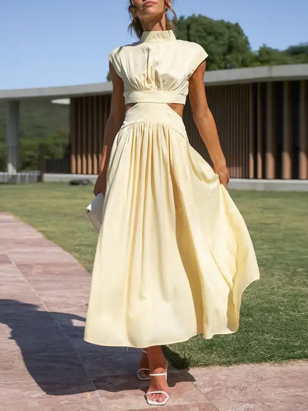 Belly Pleated Sleeve Maxi Dress