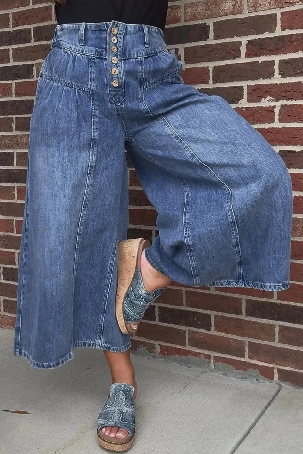High Rise Buttons Pleated Cropped Wide Leg Denim Pants