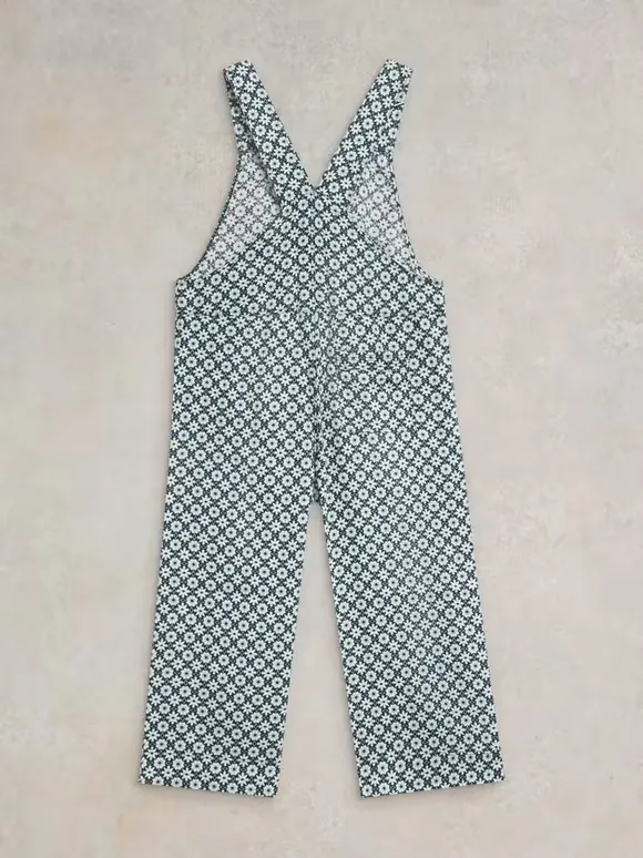Crop Linen Dungaree In Green Print