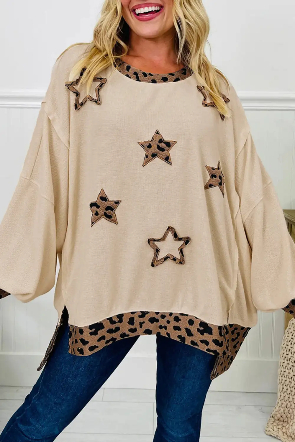 Everyday Relaxed Leopard Print Star Accent Patchwork Sweatshirt
