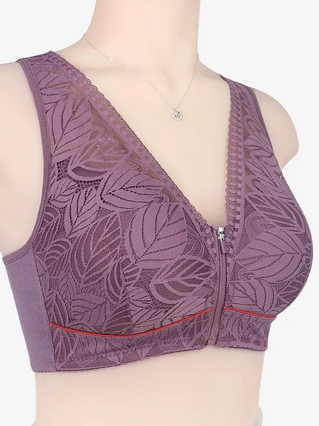 Soft Comfortable Lace Front Zipper Wireless Cotton Bra