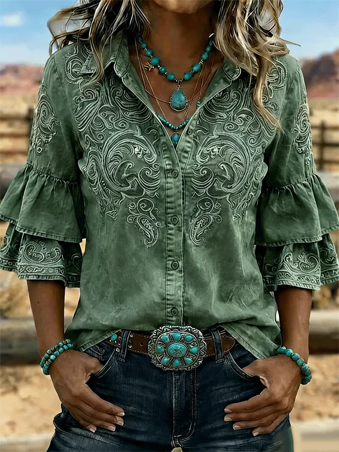 Women's Vintage Floral Print Casual Ruffle Lapel Shirt