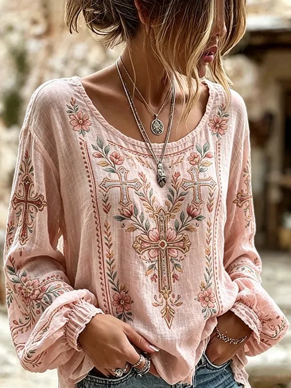 Women's Cross Floral Embroidered Western Long Sleeve Blouse