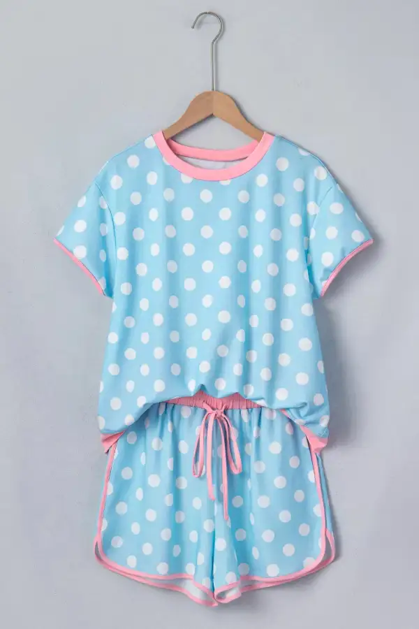 Polka Dot Contrast Trim Top and Drawstring Shorts Set