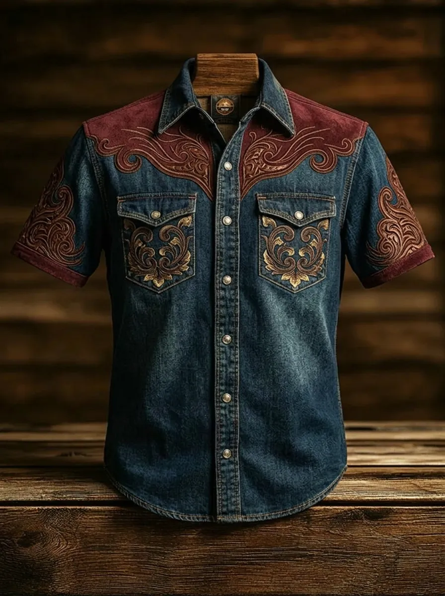 Men's Western Cowboy Floral Embroidered Printed Shirt