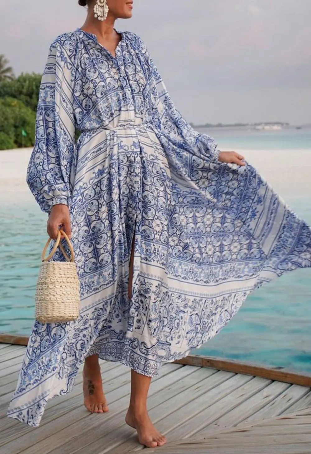 BLUE TILE PRINTED FULL PLEATS BUTTON DOWN ASYMMETRIC MAXI DRESS