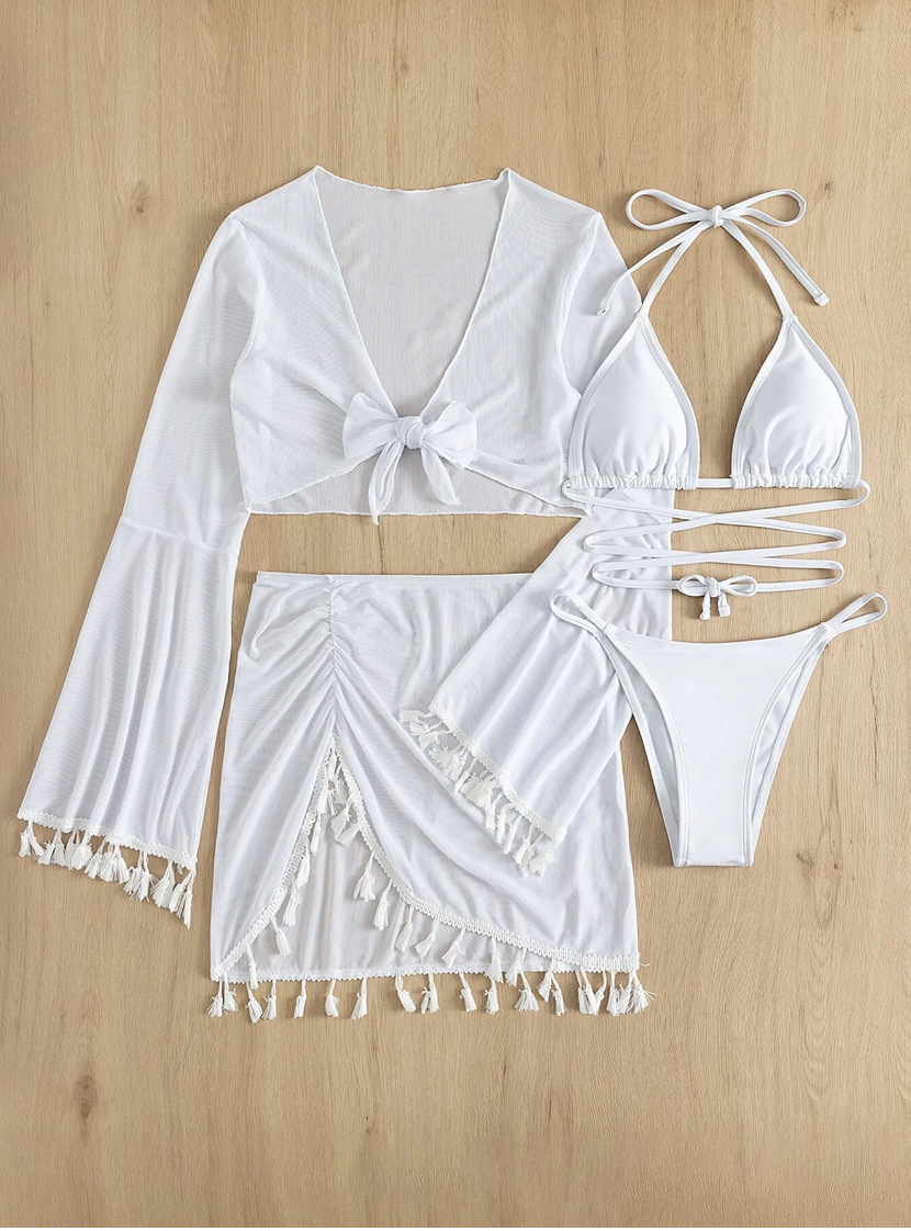 Four-Piece Set Solid Color Tassel Blouse Mesh Skirt Bikini Wholesale Swimsuit For Women