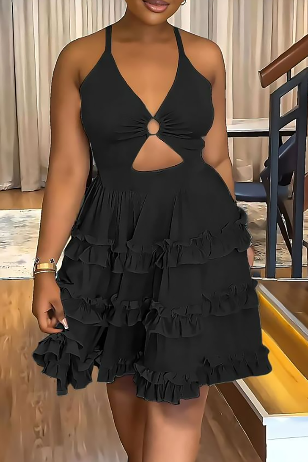 Plus Size Black Vacation Cut Out Sleeveless Ruffle Babydoll Mini Dresses [New]