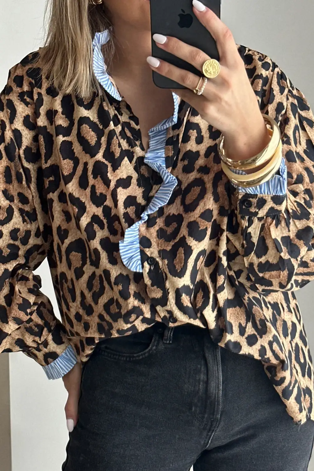 Striped Leopard Print Frilled Shirt Blouse