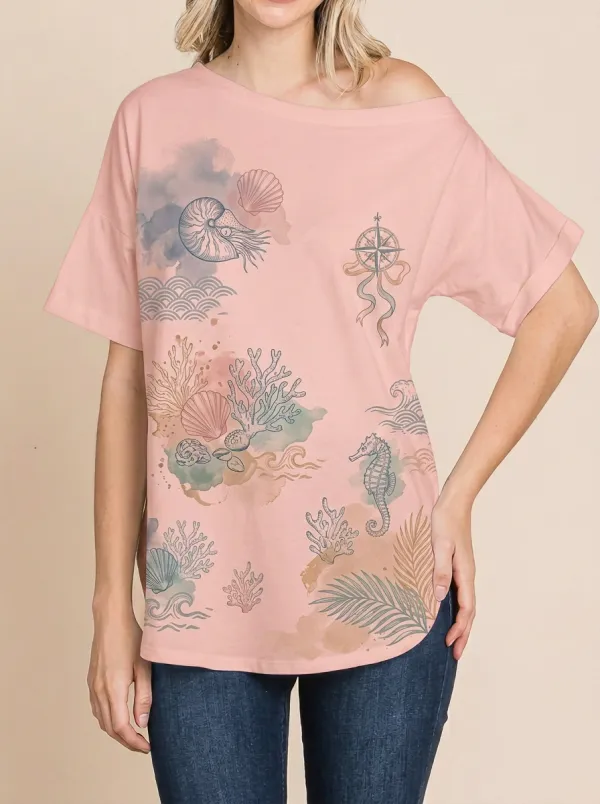 Women's Nautical Ocean Lover Seashell Seahorse Printed T-shirt