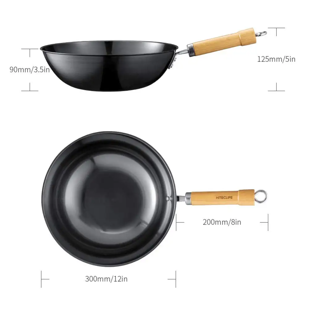 (Store Closing Sale) Wok Pan 12 inch High Carbon Steel Stir Fry Pan with Detachable Wood Handle