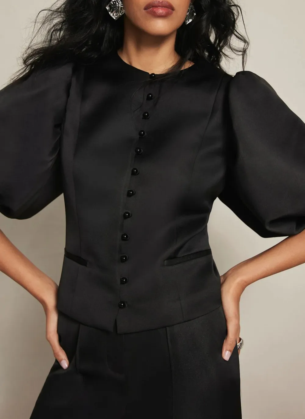 Casual Style Black Puff Sleeve Satin Jacket