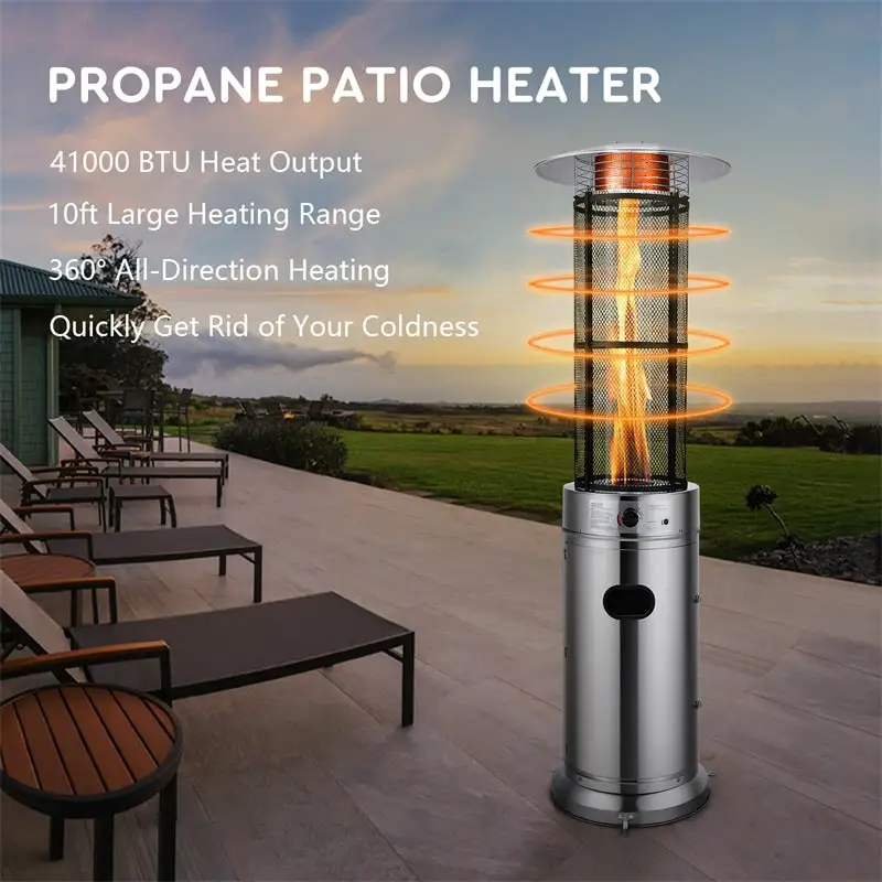 41000 BTU Stainless Steel Standing Round Glass Tube Propane Patio Heaters