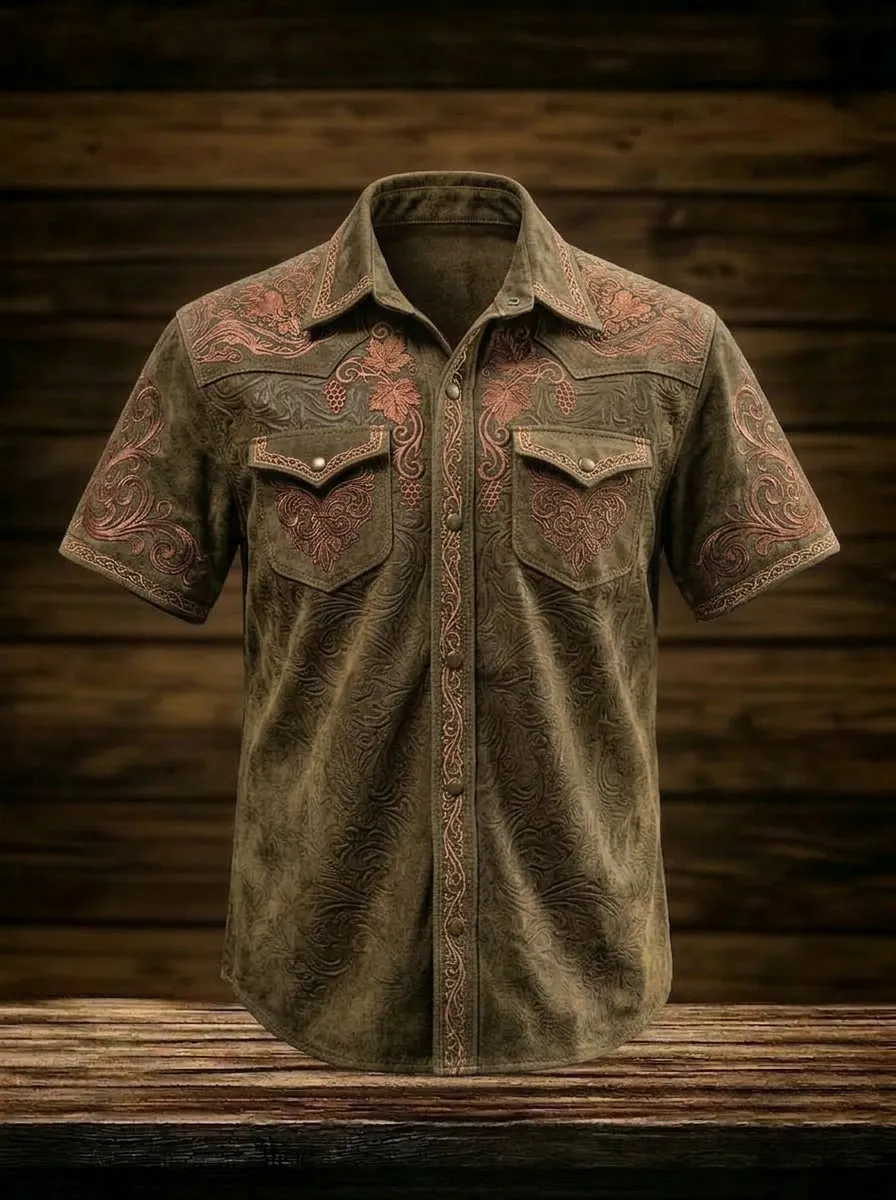 Men's Western Cowboy Floral Embossed Printed Shirt