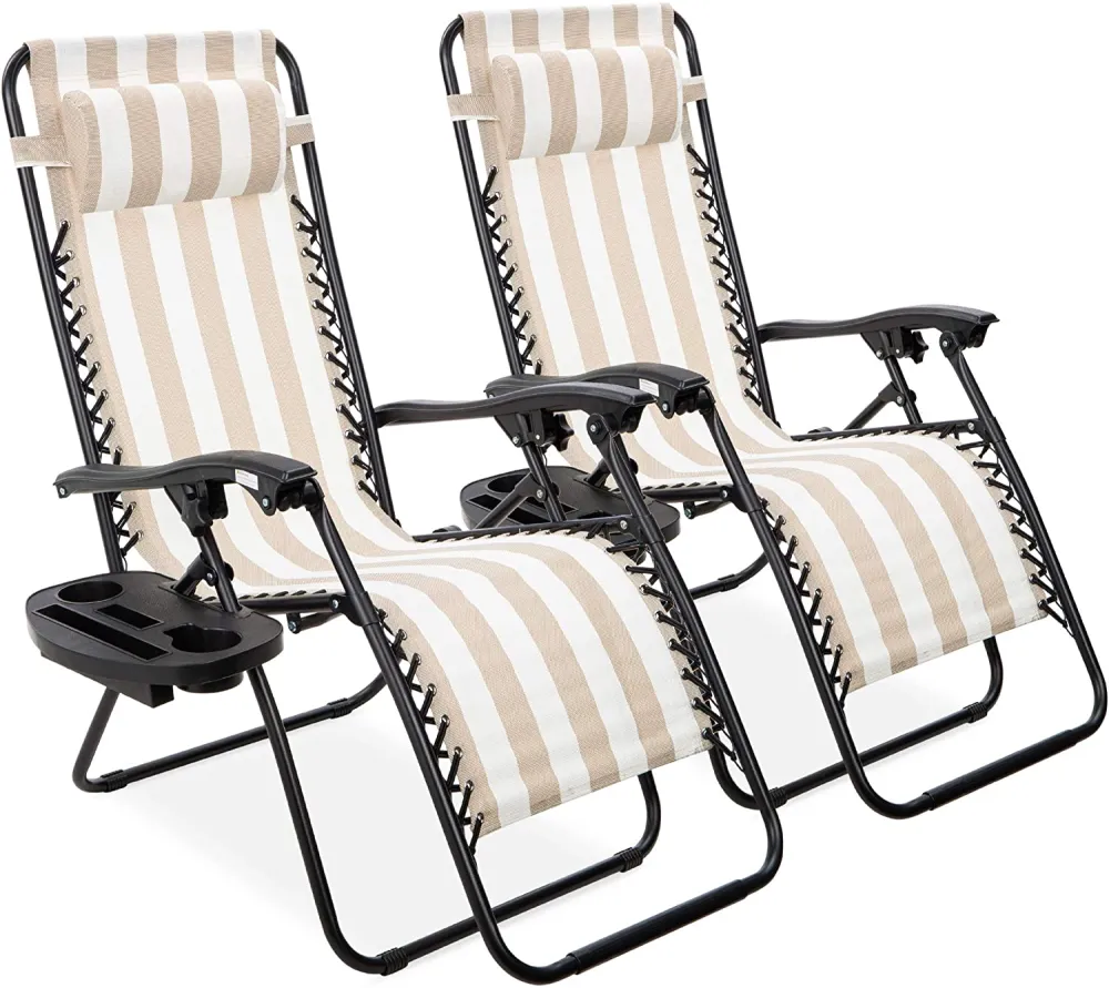 Set of 2 Adjustable Steel Mesh Zero Gravity Lounge Chair Recliners w/Pillows and Cup Holder Trays