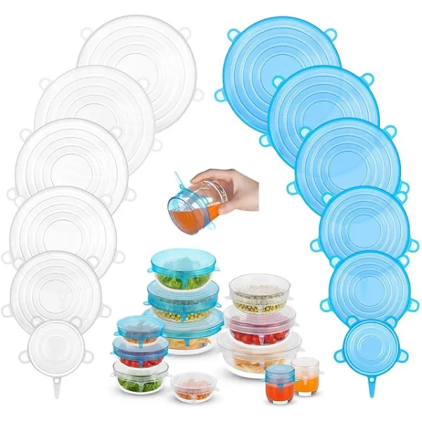 Silicone Stretch Lids 2 Color 24 Packs Zero Waste Reusable Silicon Container Lid for Cover Leftover Food and Fruit or Seal Bowl 6 12 Packs