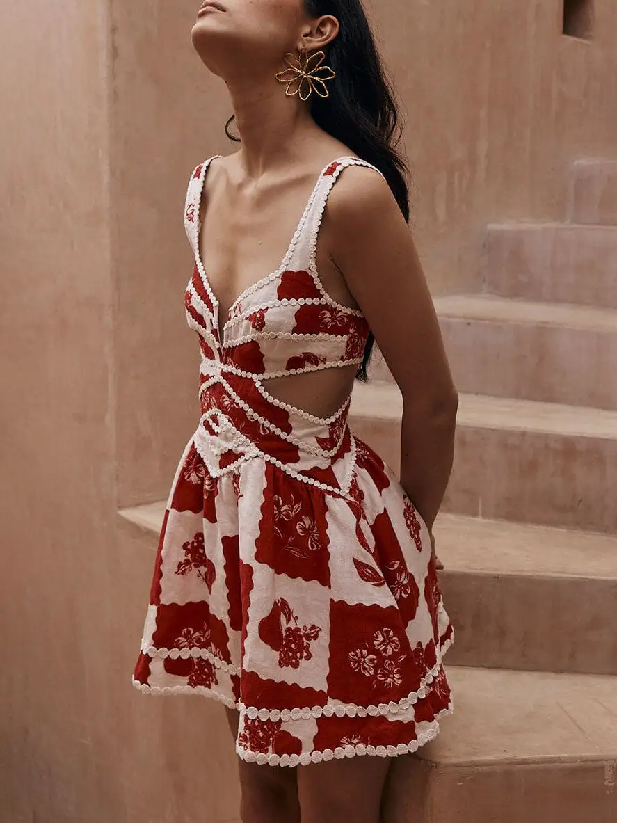 Floral Decorative Unique Print Neck Mini Dress
