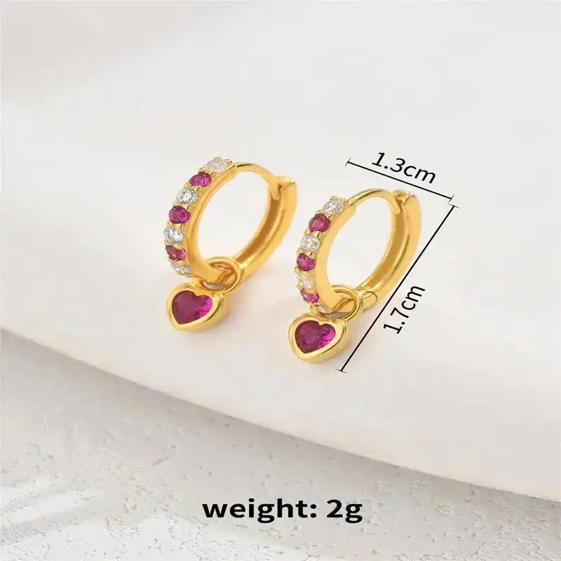 Small Drop Earrings Sweet Red Heart Shape With Cubic Zircon Shiny Gold