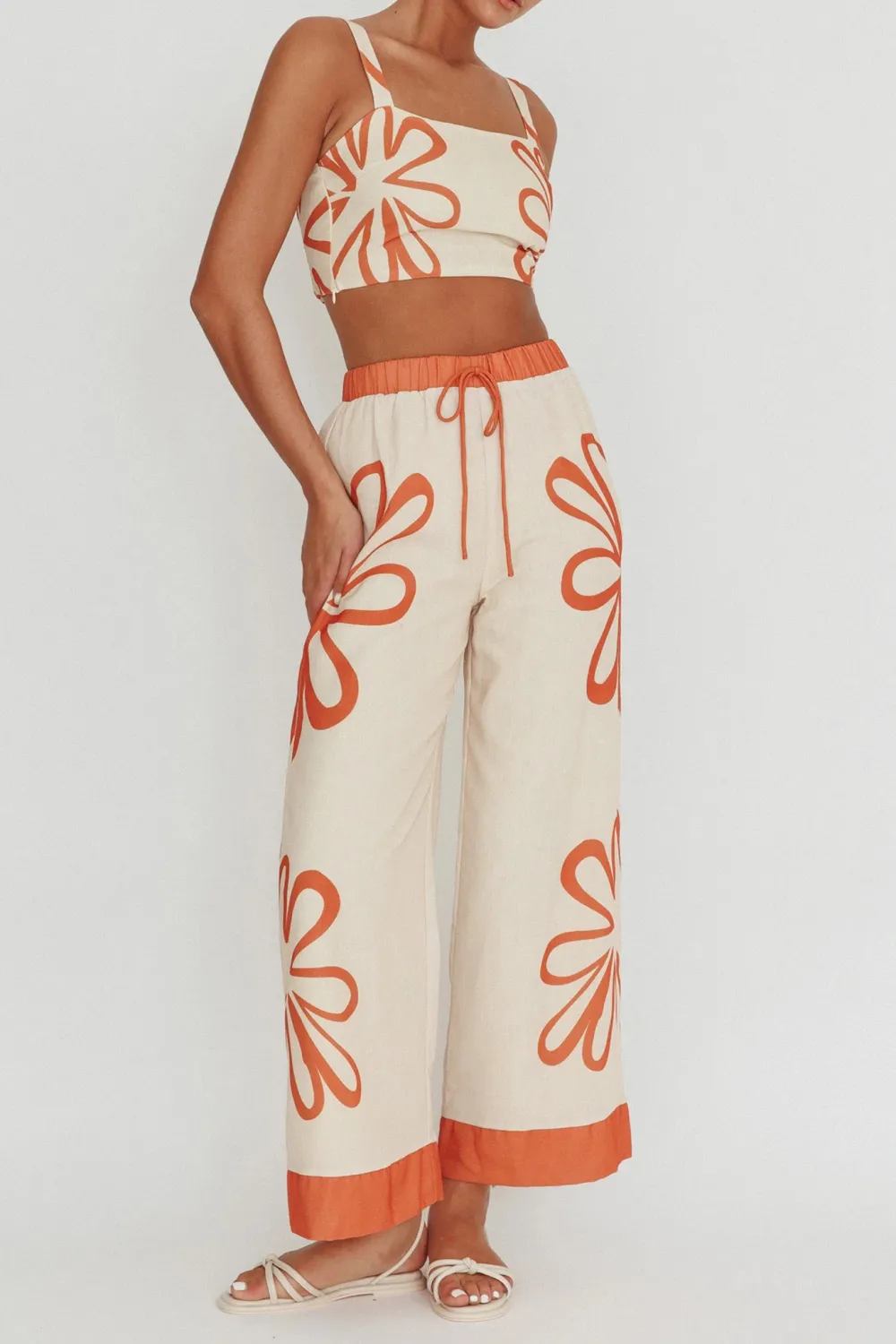 Soft Elastic Waist Plant Print Ladies Wide Leg Pants