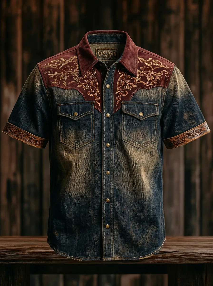 Men's Western Cowboy Floral Embroidered Distressed Denim Shirt