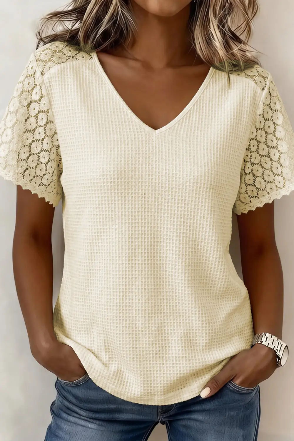 Soft Lace Detail V Neck Button Front Blouse