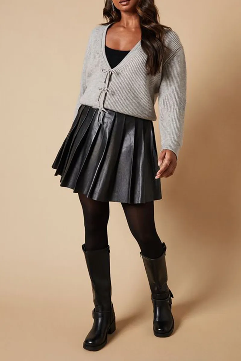 Casual Style Crystal Bow Button Grey Marl Sweaters