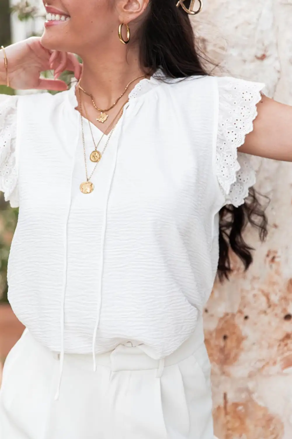 Relaxed Embroidered Ruffle Sleeve Blouse