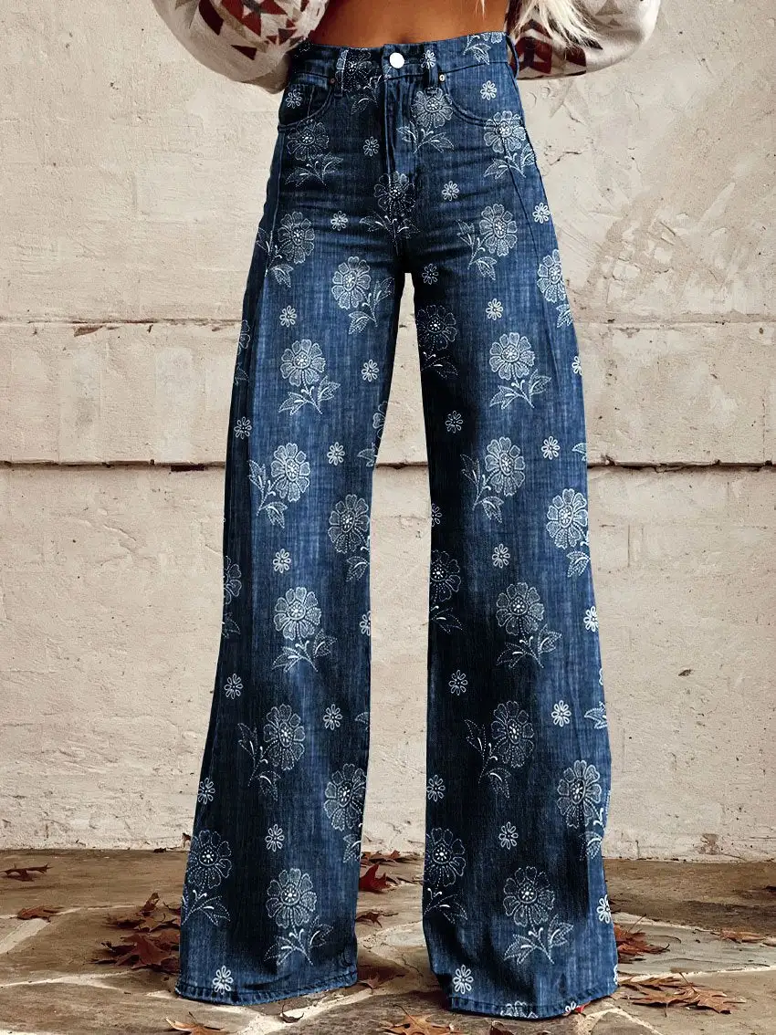 Women's Vintage Flower Print Casual Wide Leg Pants