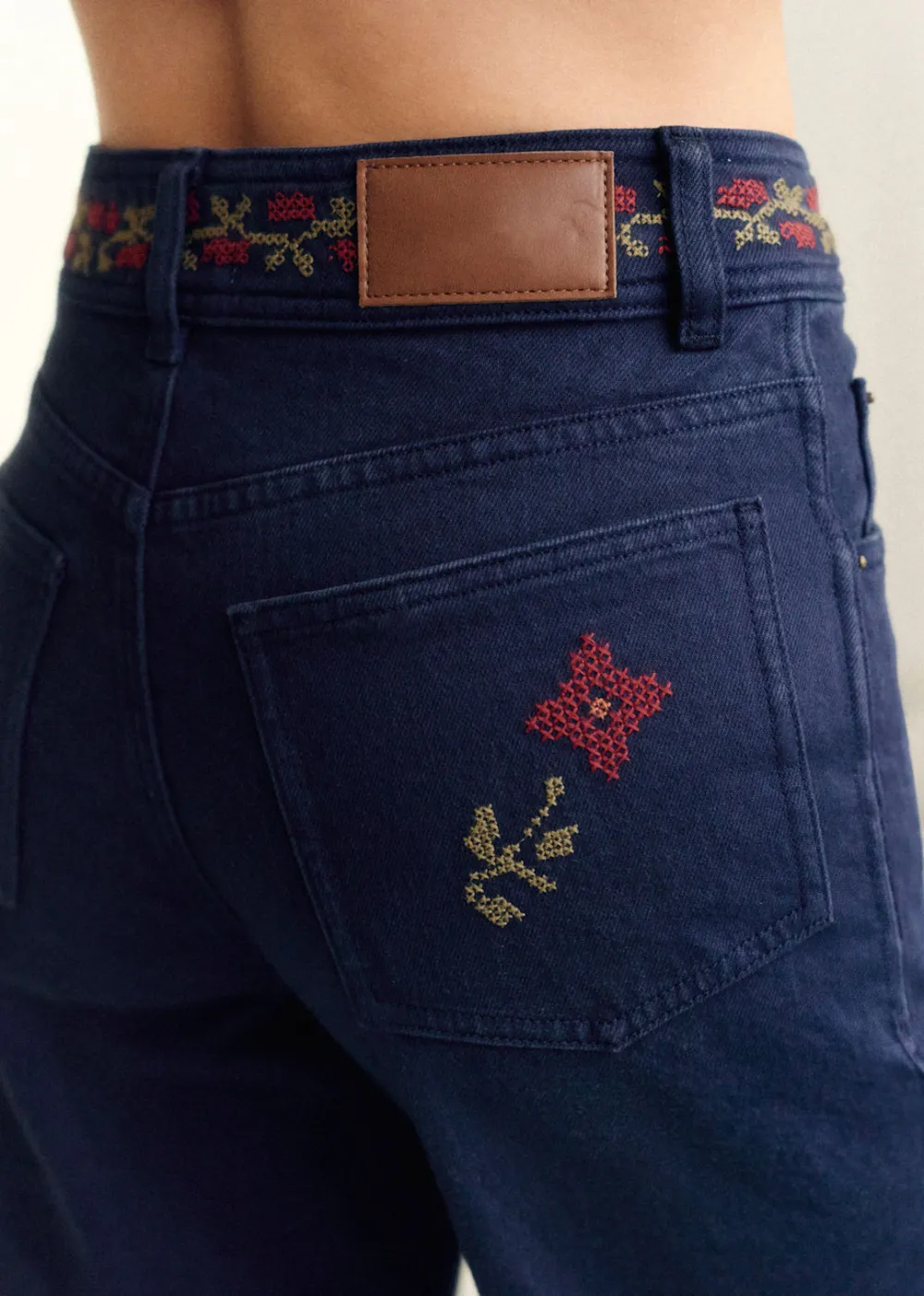 Embroidered Wide-Leg Flared High-Waist Trousers
