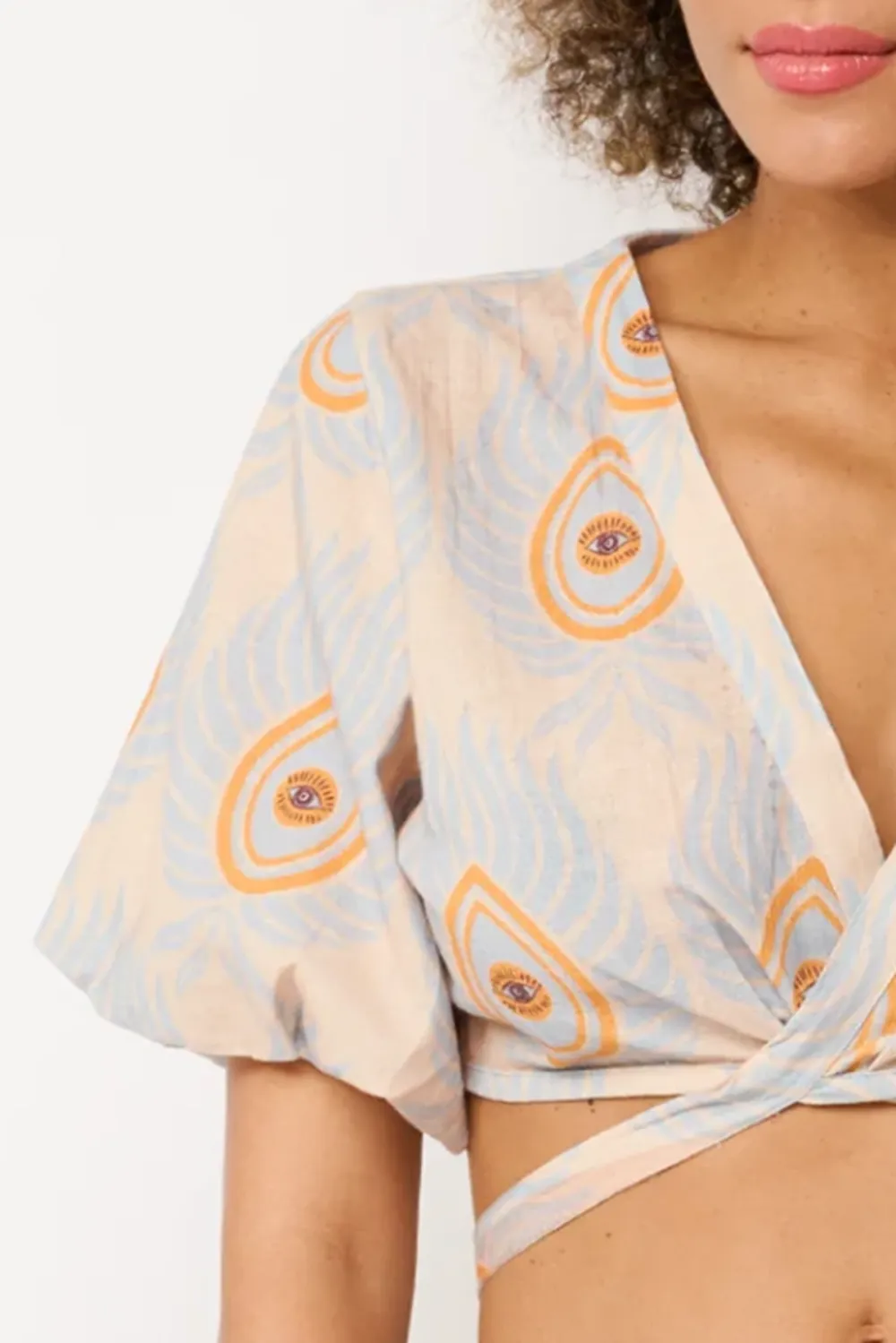 Light Blue And Orange Abstract Print Wrap Crop Top