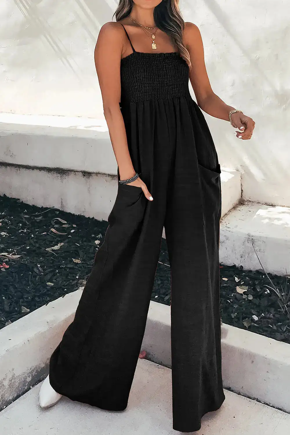 Smocked Strappy Wide Leg Jumpsuit