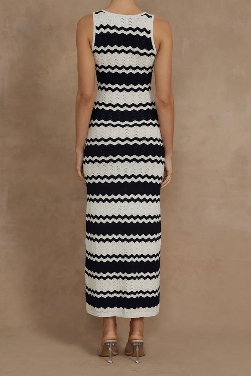 Black And White Striped Knitted Midi Dress