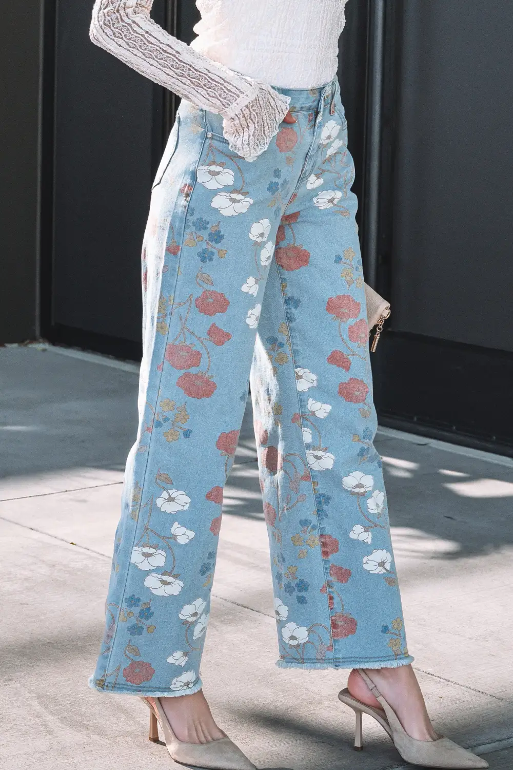Floral Printed Raw Hem Shift Jeans